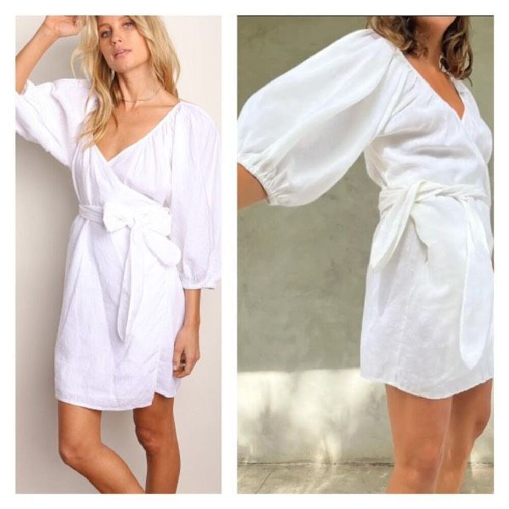 Mara‎ Hoffman Swim Women's Linen Puff Sleeve V Neck Wrap Mini Dress White Large